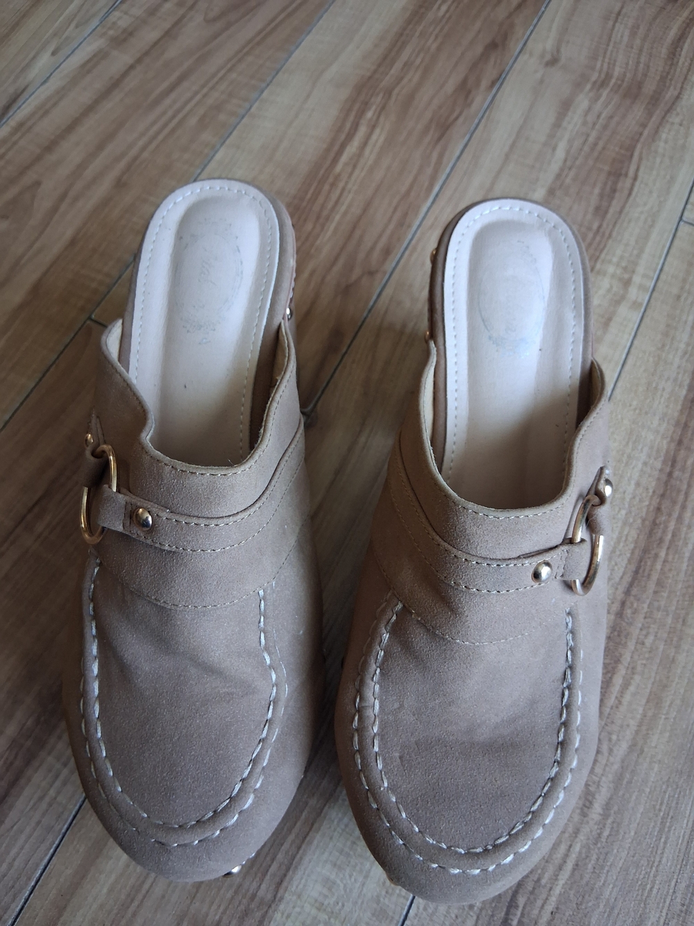 Women's Taupe Suede Slip-On Mule with Buckle Accent